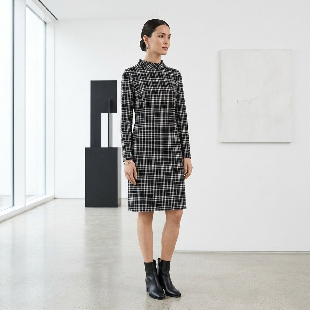 Talbots Black White Plaid Mock Neck Shift Dress Long Sleeve Gold Buttons Size M